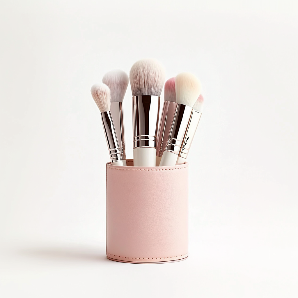 An e-commerce product image of a makeup brush set displayed on a simplistic wooden table with a Christmas tree in the blurry bokeh effect background.