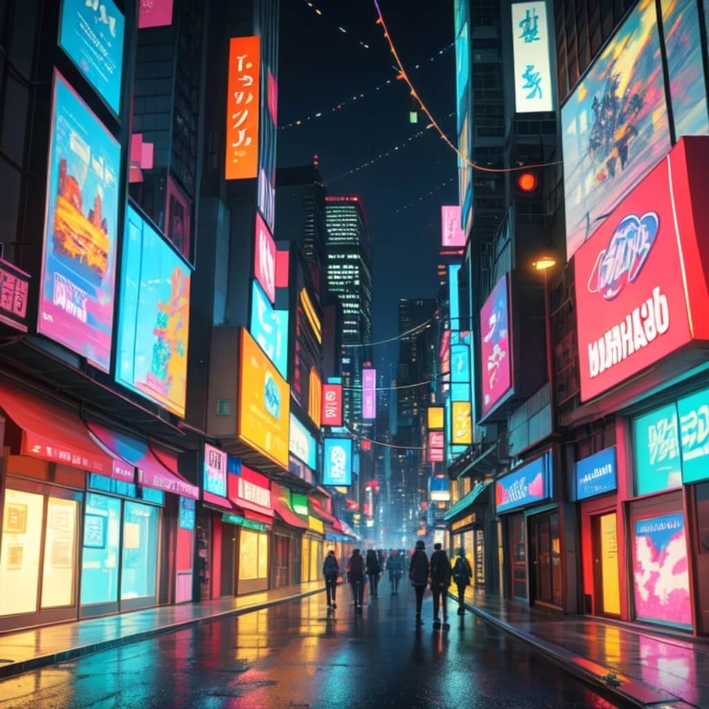 An anime style cyberpunk city street at nighttime, lit by colorful billboards and bright neon signs, against a dark blue night sky dotted with stars. 