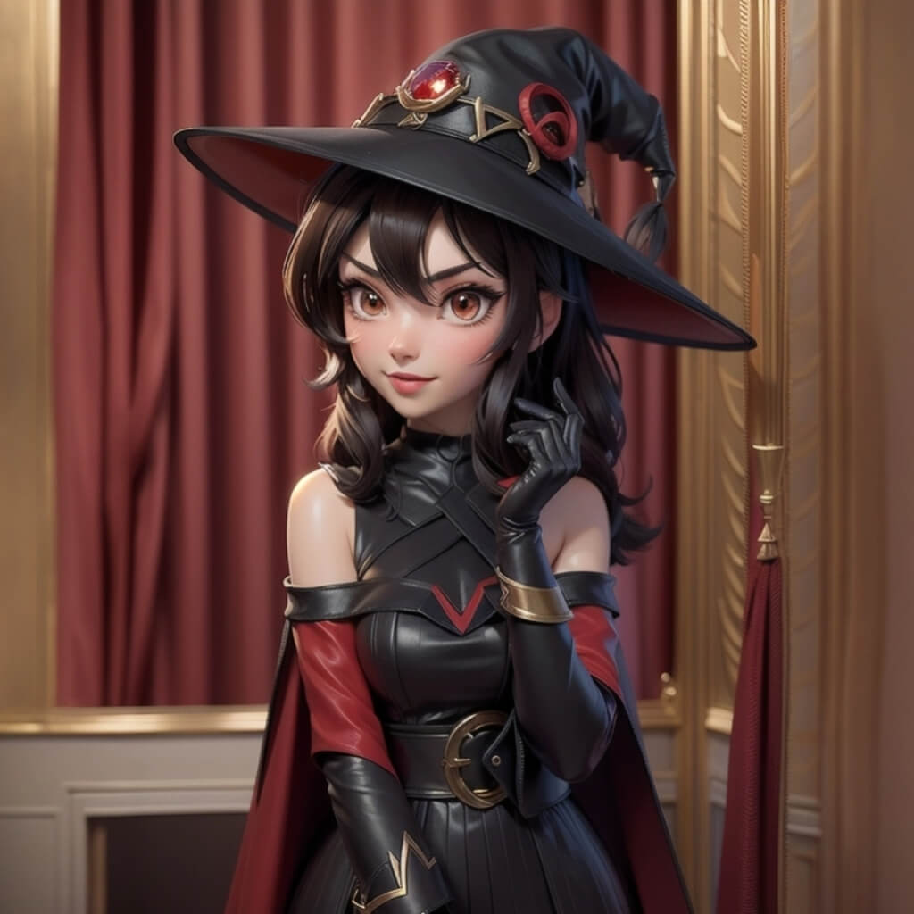 Witch, a 3D character from the anime 'Genshin Impact', wearing a red dress and black cape with a hat, dark hair in a long ponytail, brown eyes, hand gesture of pointing a finger at the viewer, standing pose, with a red curtain background and warm lighting, in the style of A 2