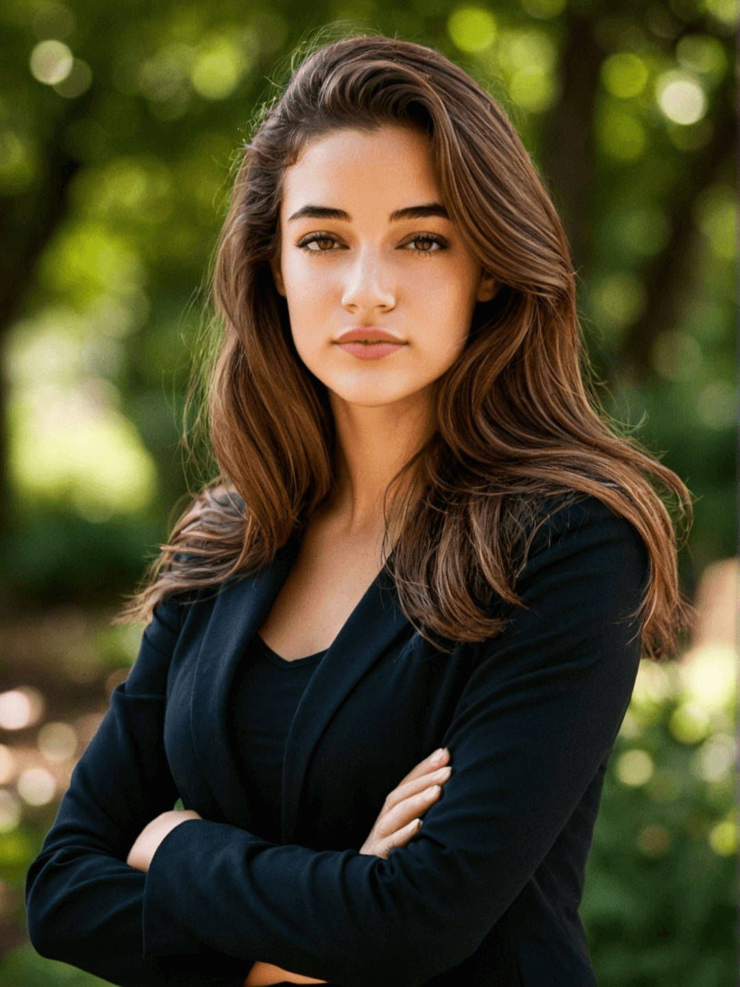 A picture of a woman in a black suit standing in a park.