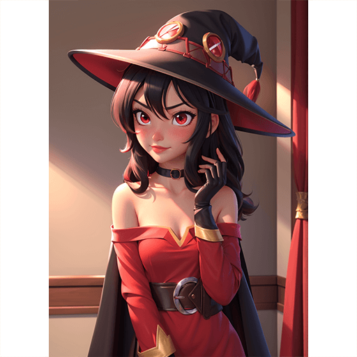 A cartoon 3D CG style portrait of a witch with black hair and large brown eyes, wearing a red dress and black cape with a hat