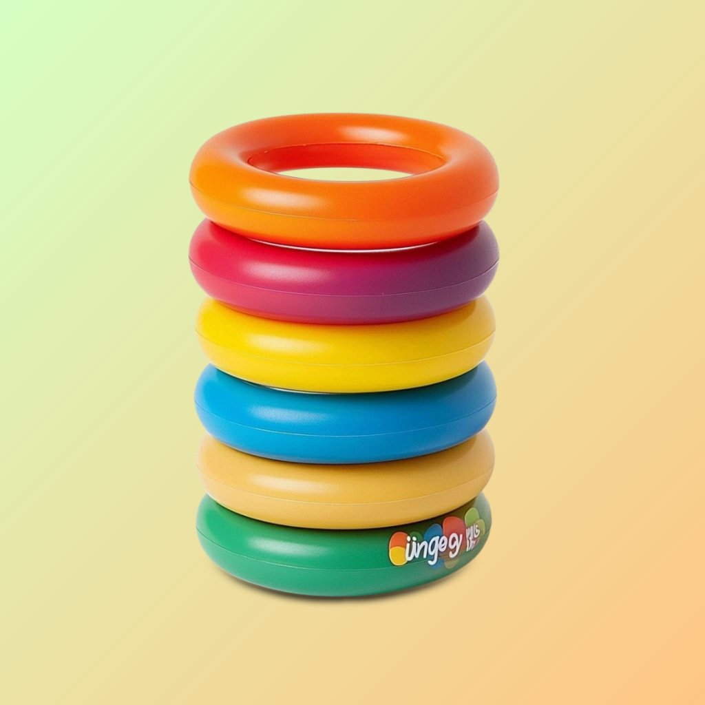 An e-commerce product image of a set of rainbow stacking rings baby toys displayed on a wood floor inside a home.