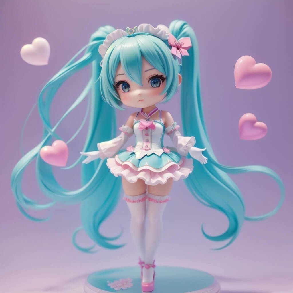 Hatsune Miku from the character portrait series is wearing an elegant maid outfit with blue and pink accents, holding two small hearts in her hands. She has long teal hair tied into twin ponytails, wears white gloves on both arms, shoes with bows, and holds a heart shaped box of chocolates. The figurine stands on a clear surface against a pastel-colored background