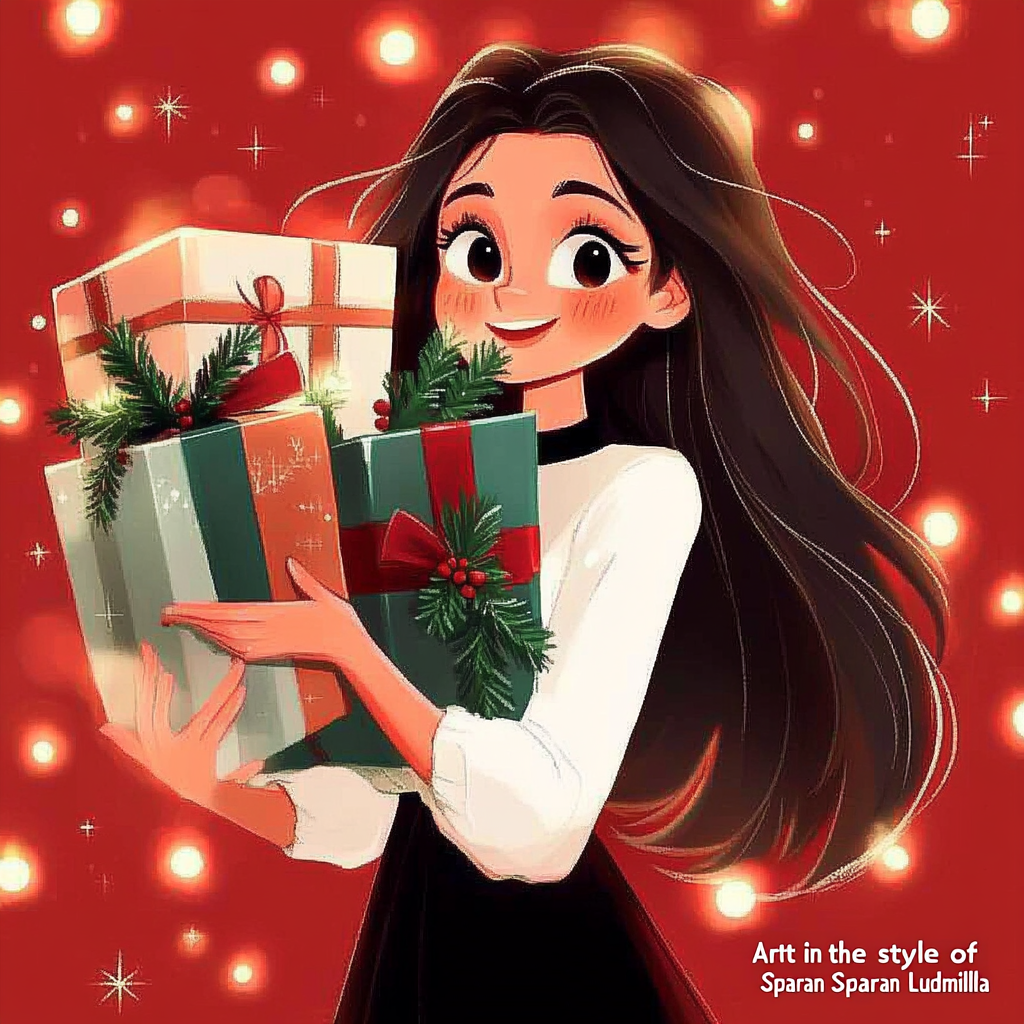 An anime portrait of a cute girl holding many Christmas presents, against a red background glowing with fantastic lights.