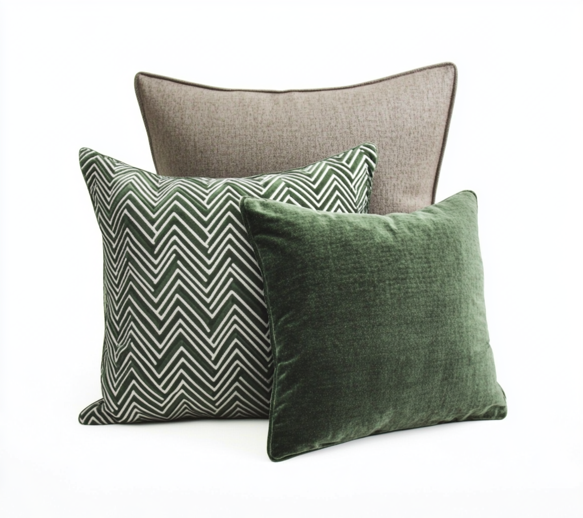 An e-commerce product image of a set of pillows displayed on a wool carpeted floor next to a white curtained window.