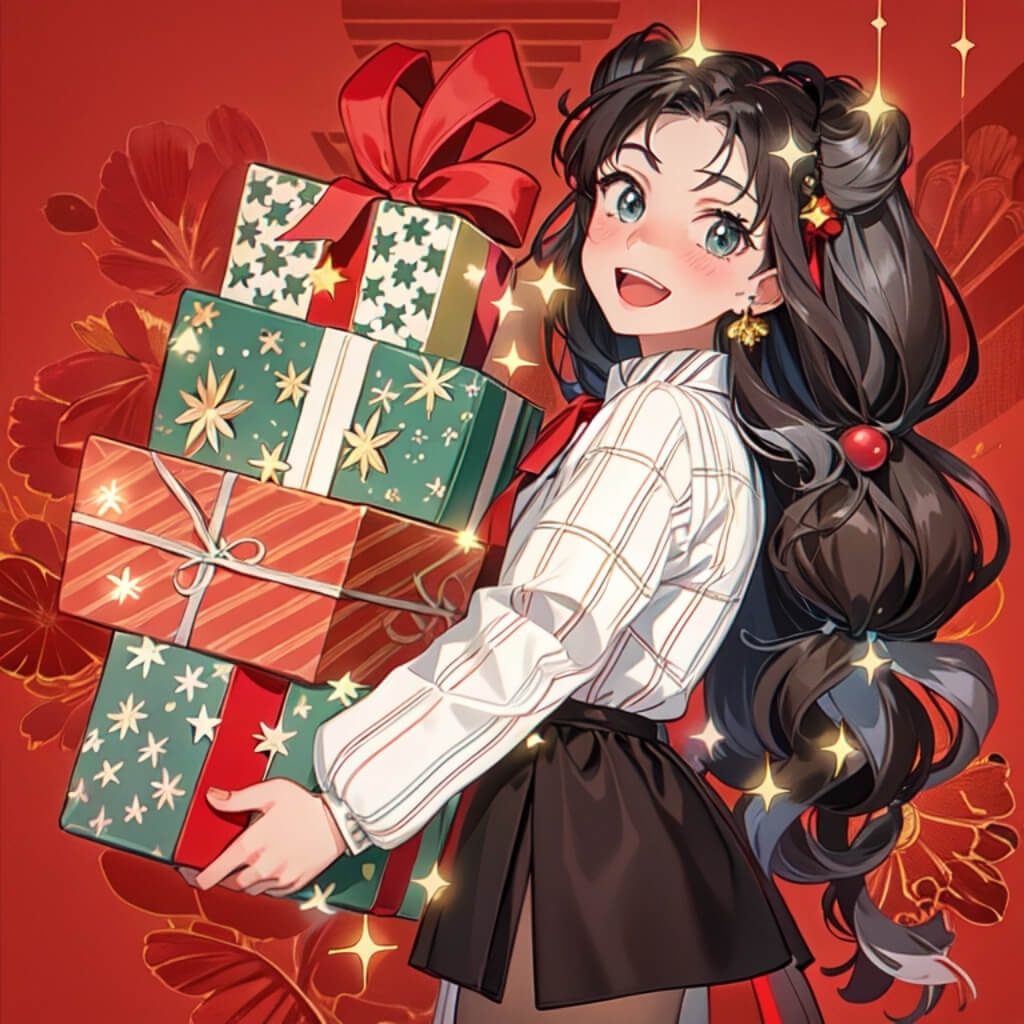 An anime portrait of a cute girl holding many Christmas presents, against a red background glowing with fantastic lights.