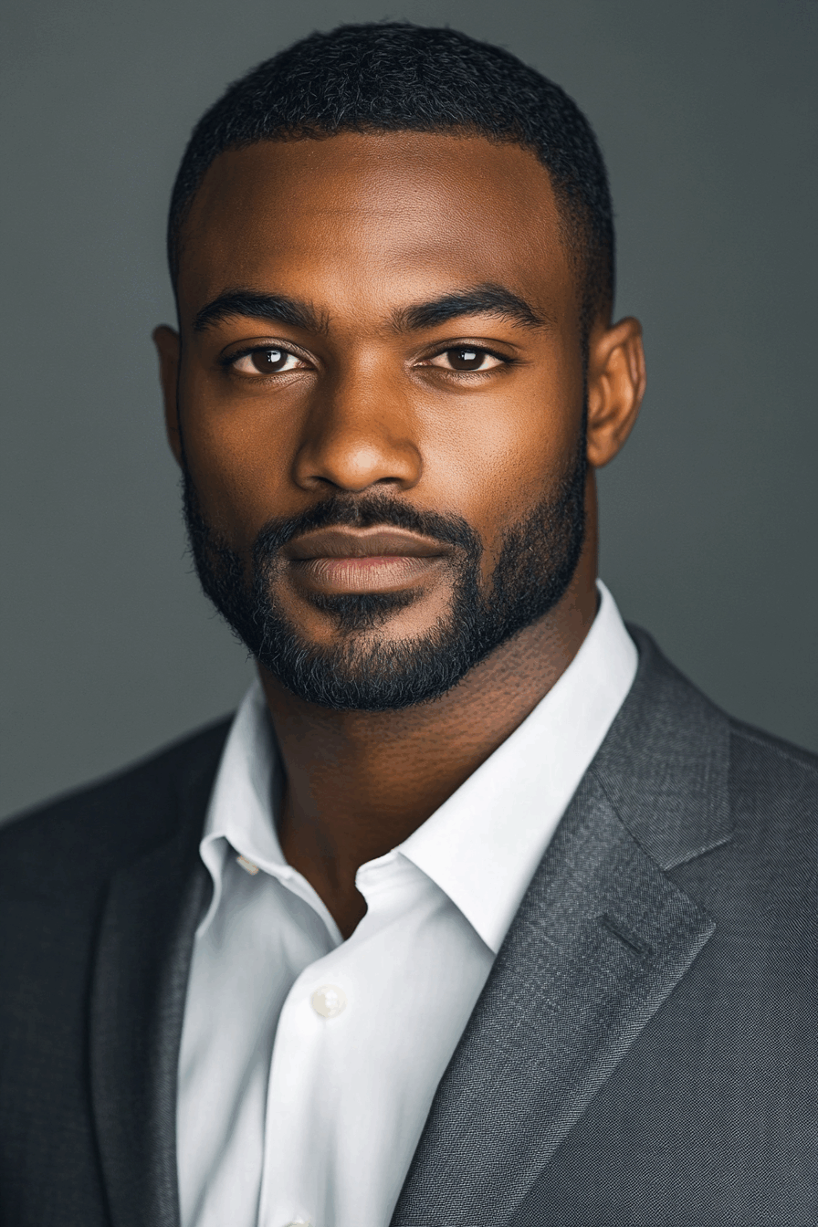 A dating profile picture of an elegant young African man wearing suit standing by a dinner table