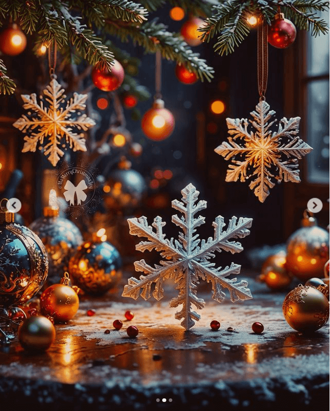 A beautiful photo of snowflakes and Christmas decorations, surrounded by warm lights. 