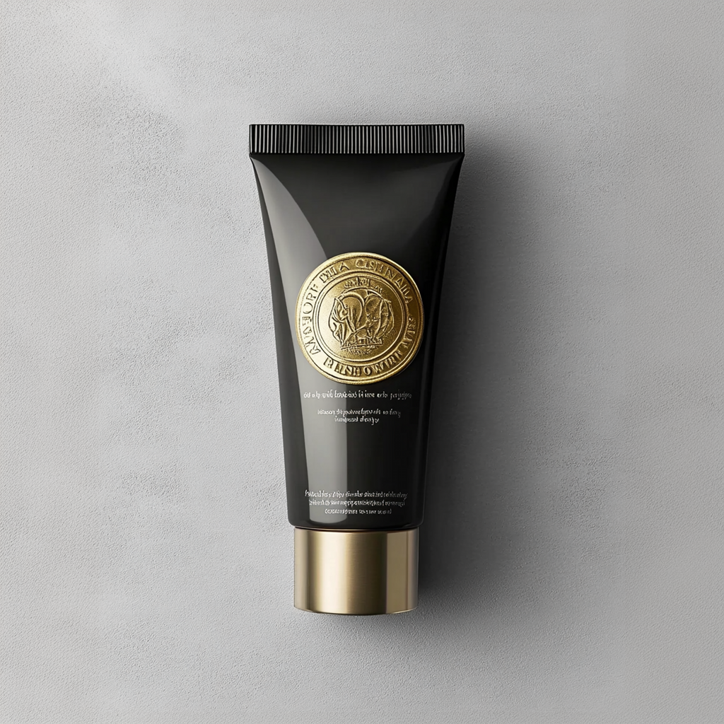 An e-commerce product image of a luxurious facial skincare beaut product displayed on a black stone scene against a rocky, dark background.