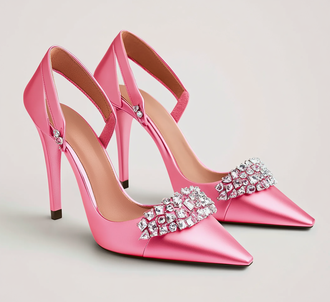 An e-commerce product image of a pair of pink stilettos with diamonds decorations displayed on a dark brown wooden floor besides a white wall inside a home.