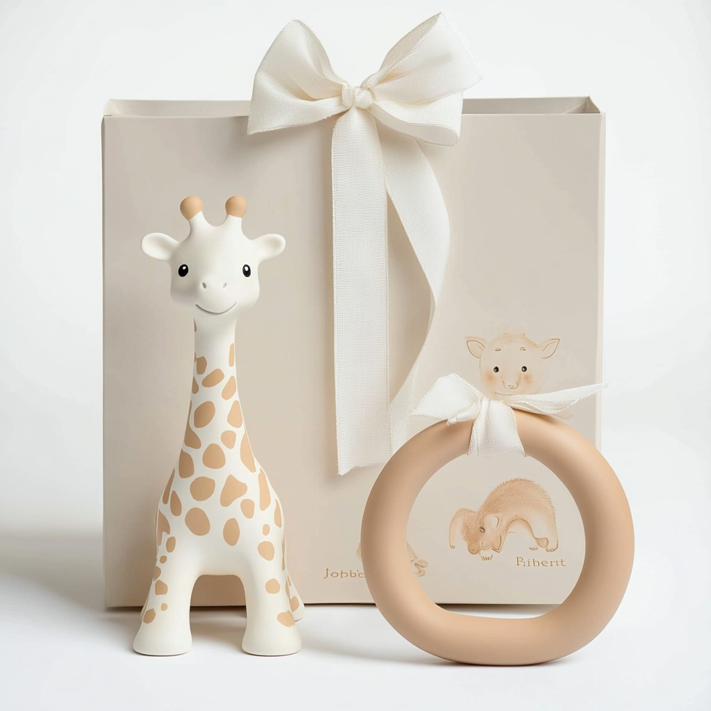 An e-commerce product image of a pair of baby toys displayed on a podium surrounded by blue sky and white clouds.