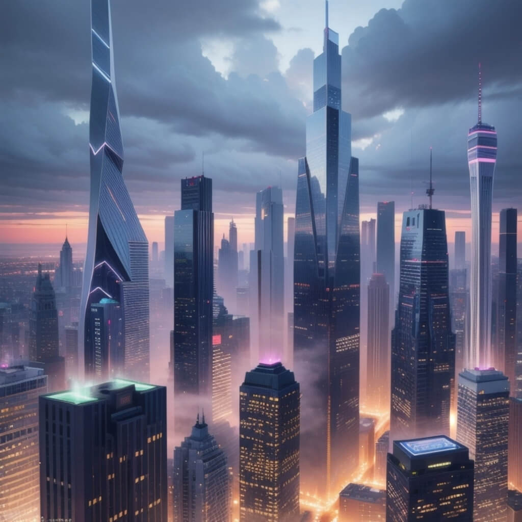 A city skyline of tall skyscrapers with glowing lights, shrouded in mist and clouds.