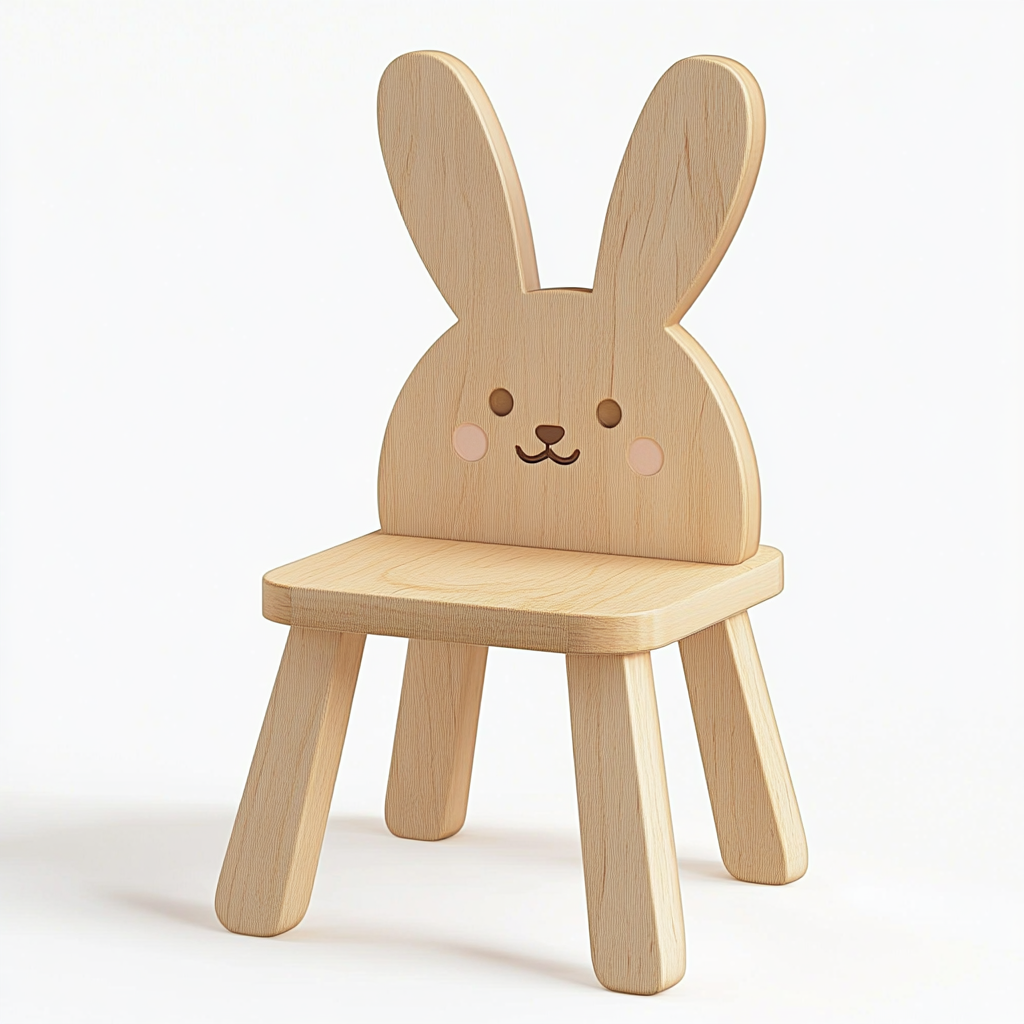 An e-commerce product image of a bunny ear kids stool baby chair displayed on top of a green grassy dune against of background of blue sky dotted with fluffy white clouds.