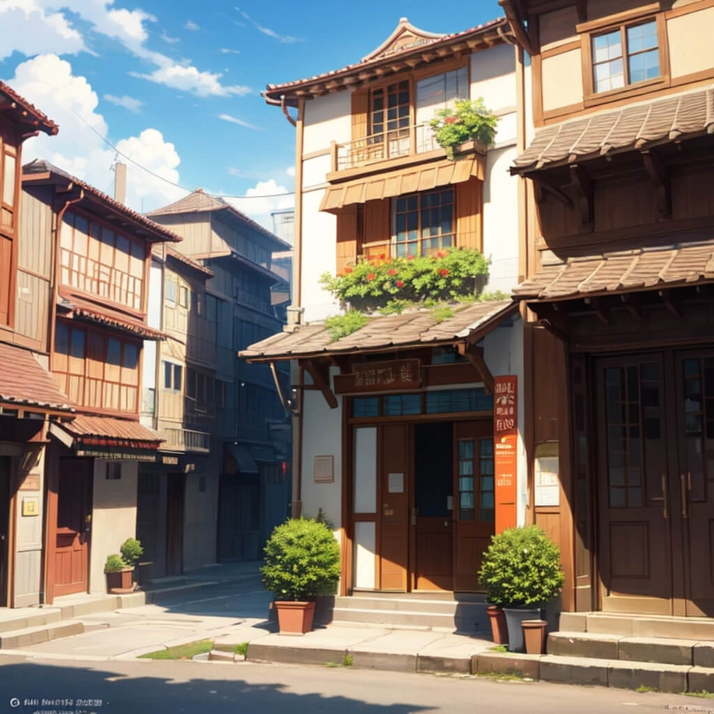 A sunny day in the streets of an anime town. There are some buildings and people walking around, in the style of anime, cartoon, with a simple background and soft colors. High resolution, high details, digital art, 2D game art