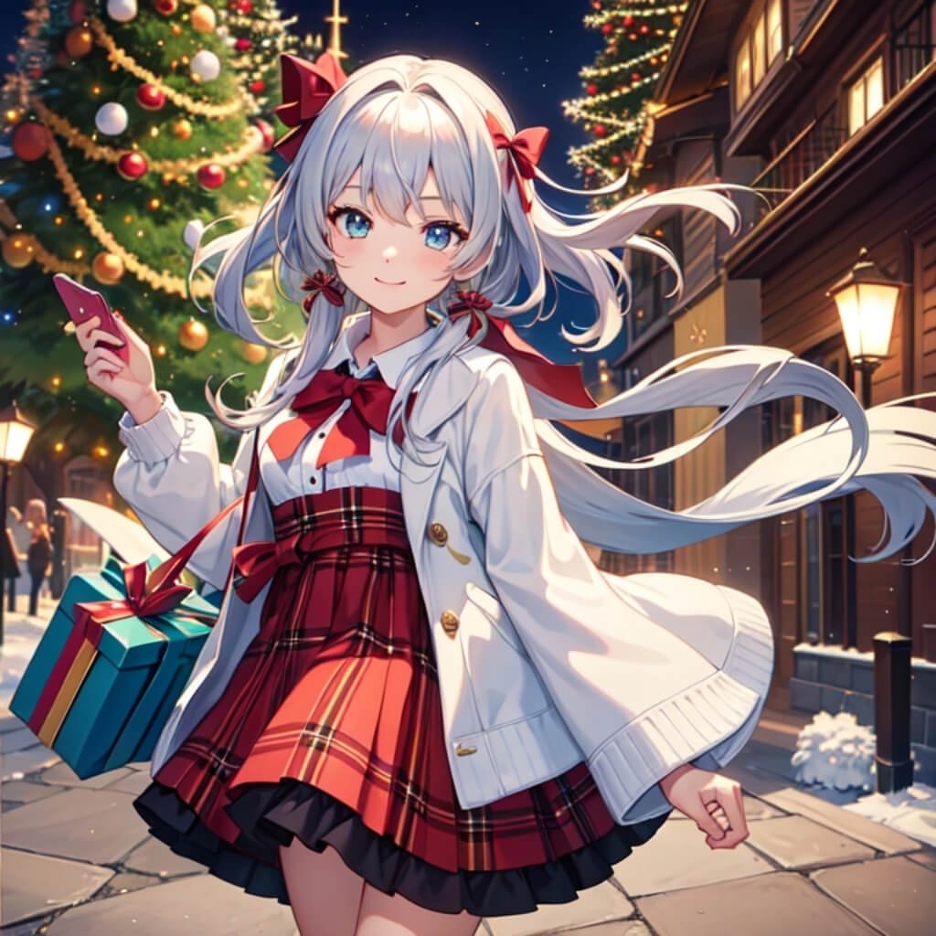 Christmas tree, a cute anime girl holding a present box with a ribbon bow on it, a plaid scarf around her neck, a white sweater and a brown skirt, blue eyes, a smiling face, a big smile, a happy expression, a black background, Christmas lights hanging in the background, in a kawaii style, colorful, high resolution