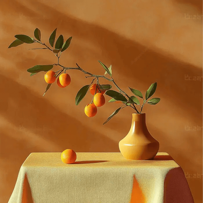 A watercolor style photo to painting still life portrait of a desk topped with a vase, a green leaf branch, and some oranges.