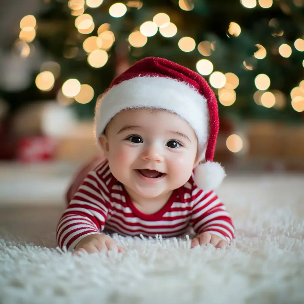 A pixel style photo to cartoon portrait painting of a cute baby wearing a Santa hat lying on his belly on a white wool carpet in a room filled with Christmas decorations.