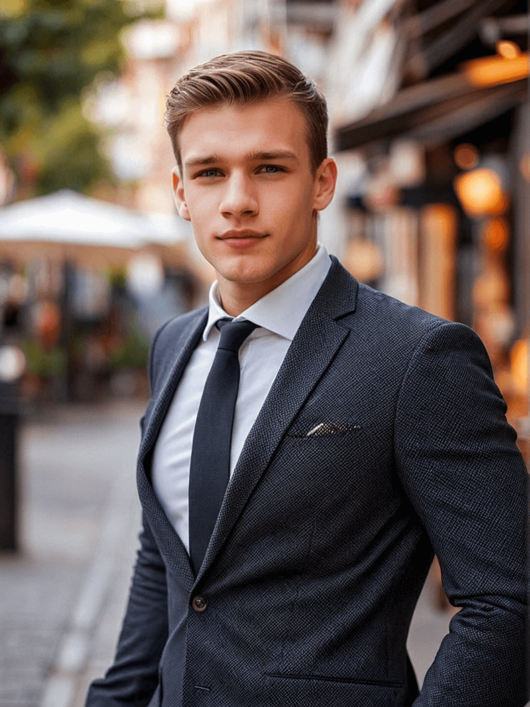 A picture of a handsome man in a suit standing on the street.