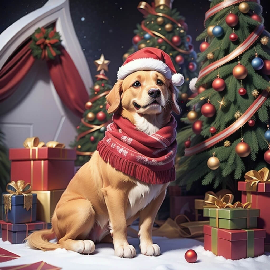 A golden retriever in Christmas attire, wearing a Santa hat and scarf, sits on the snow surrounded by presents, with a Christmas tree in the background. The illustration has a cute, colorful cartoon style with bright colors and soft lighting.