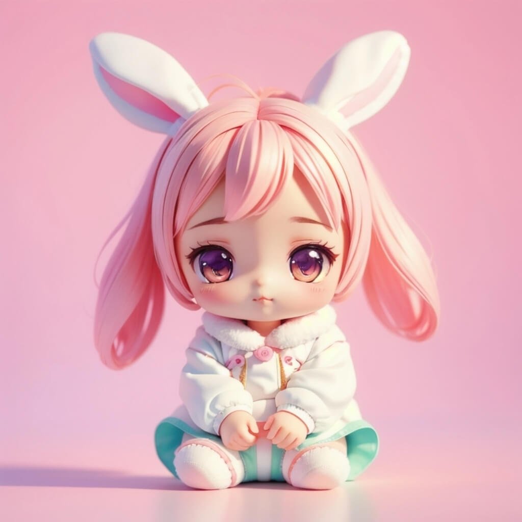 Cute chibi girl with rabbit ears, wearing a white bunny suit