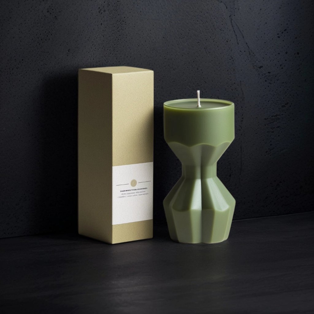 An e-commerce product image of a scented candle displayed on a platinum golden booth with Christmas decorations in the background.