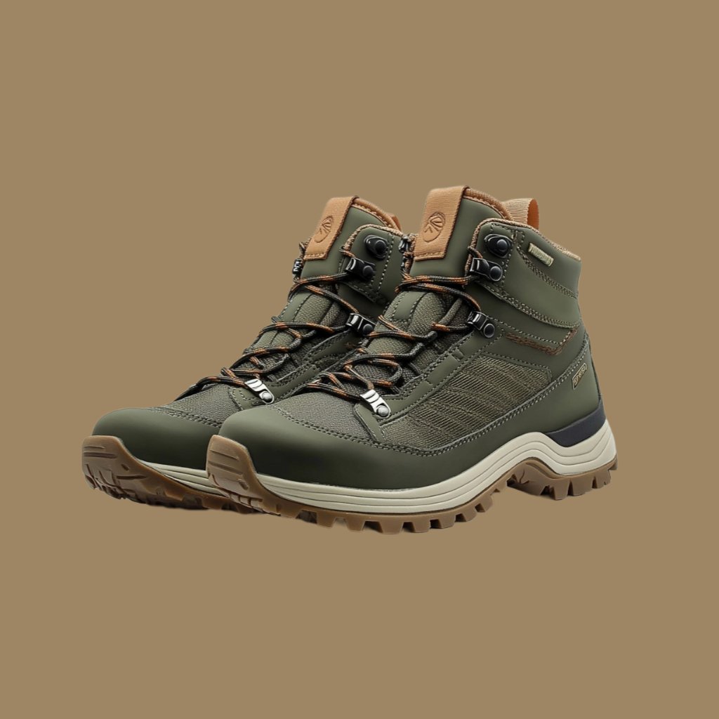 An e-commerce product image of a pair of hiking boots displayed on a black stone scene against a rocky, dark background.