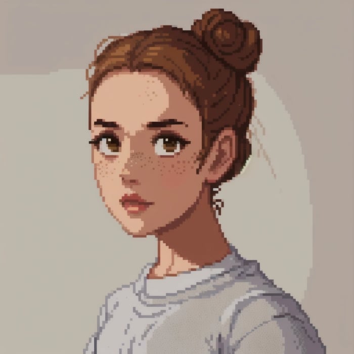 A pixel style photo to cartoon portrait of a red haired young girl with cute freckles.