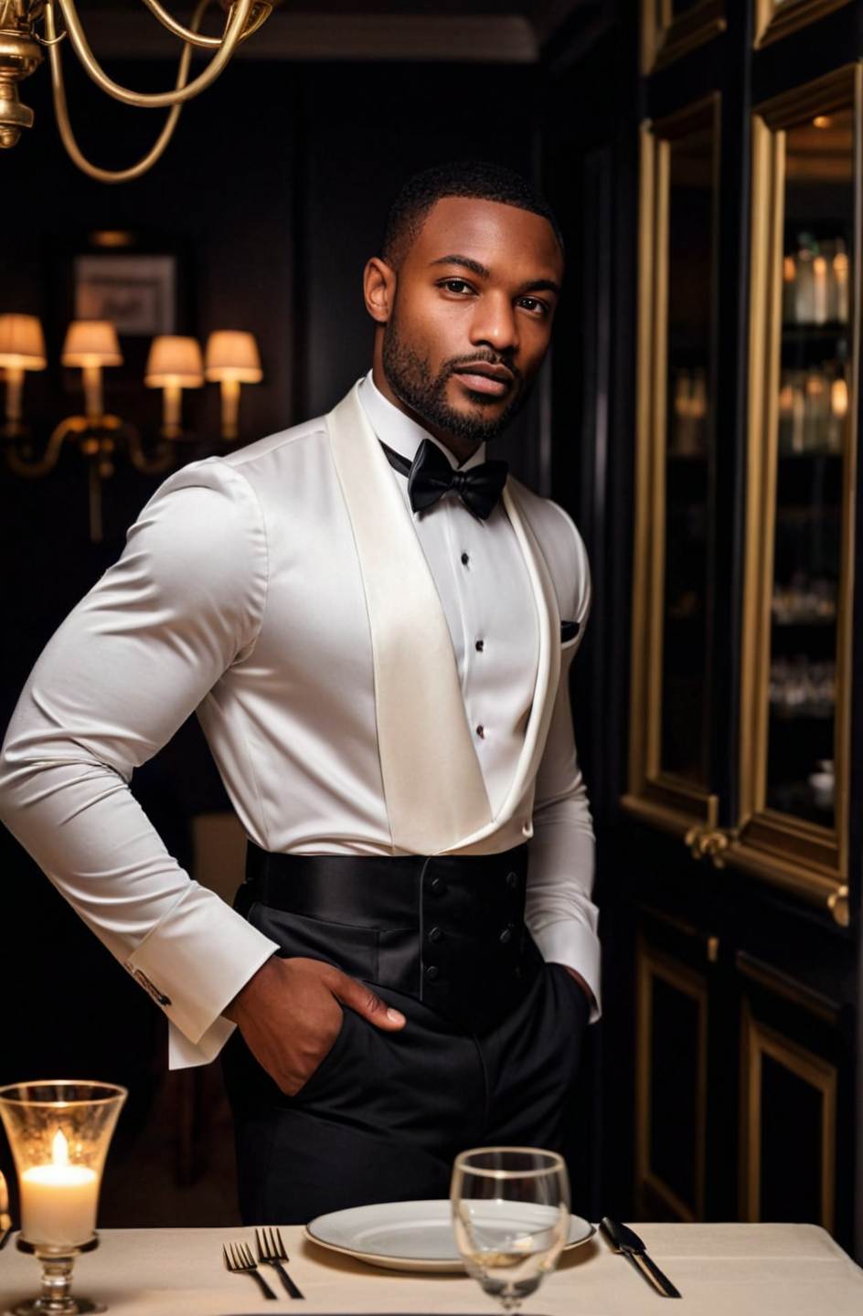 A dating profile picture of an elegant young African man wearing suit standing by a dinner table