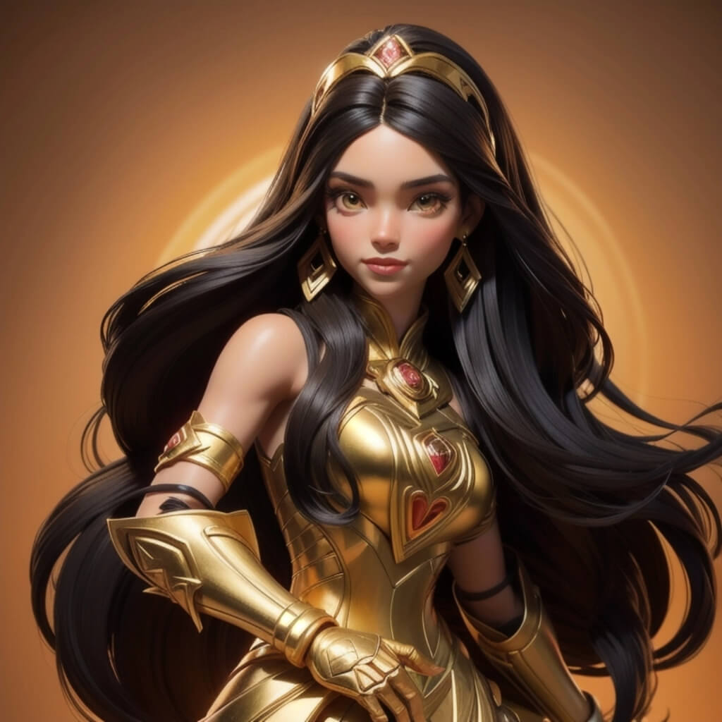 Airbrushed cartoon portrait of a pretty girl with long black hair and brown skin, wearing jewelry in the style of Jessica Drossin. Golden light behind her head, against a dark orange background, with golden circles behind her head and gold foil accents. Detailed facial features, in the Barbiecore style