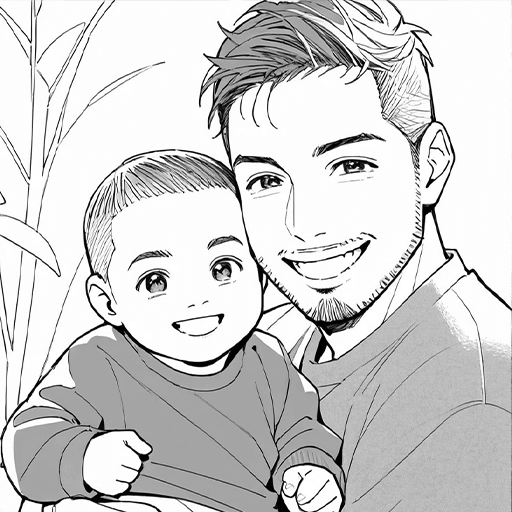 An outline painting style photo to sketch portrait of a father holding his infant son, both are smiling happily.