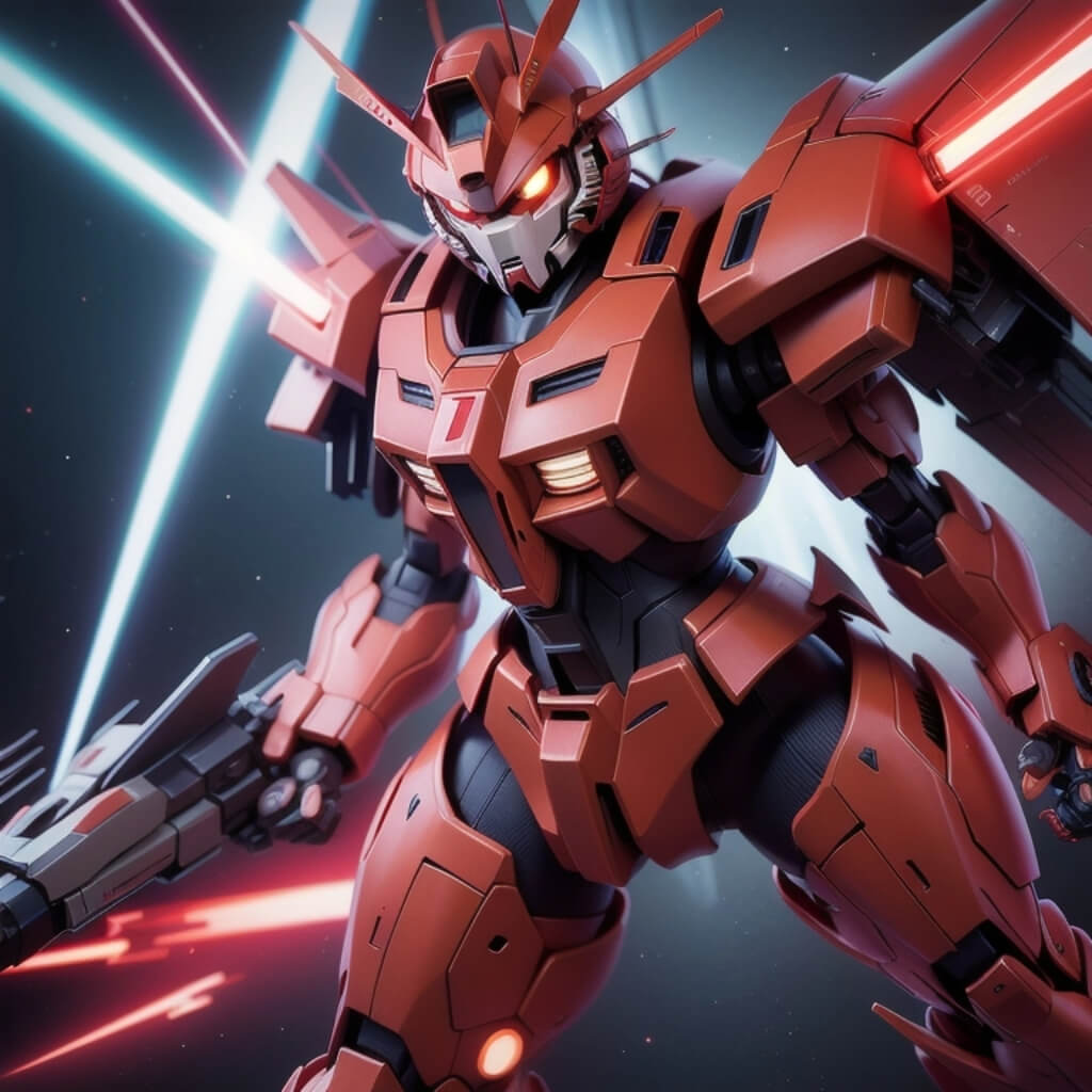 A realistic anime style illustration of Gundam in red color shooting an energy lasers.