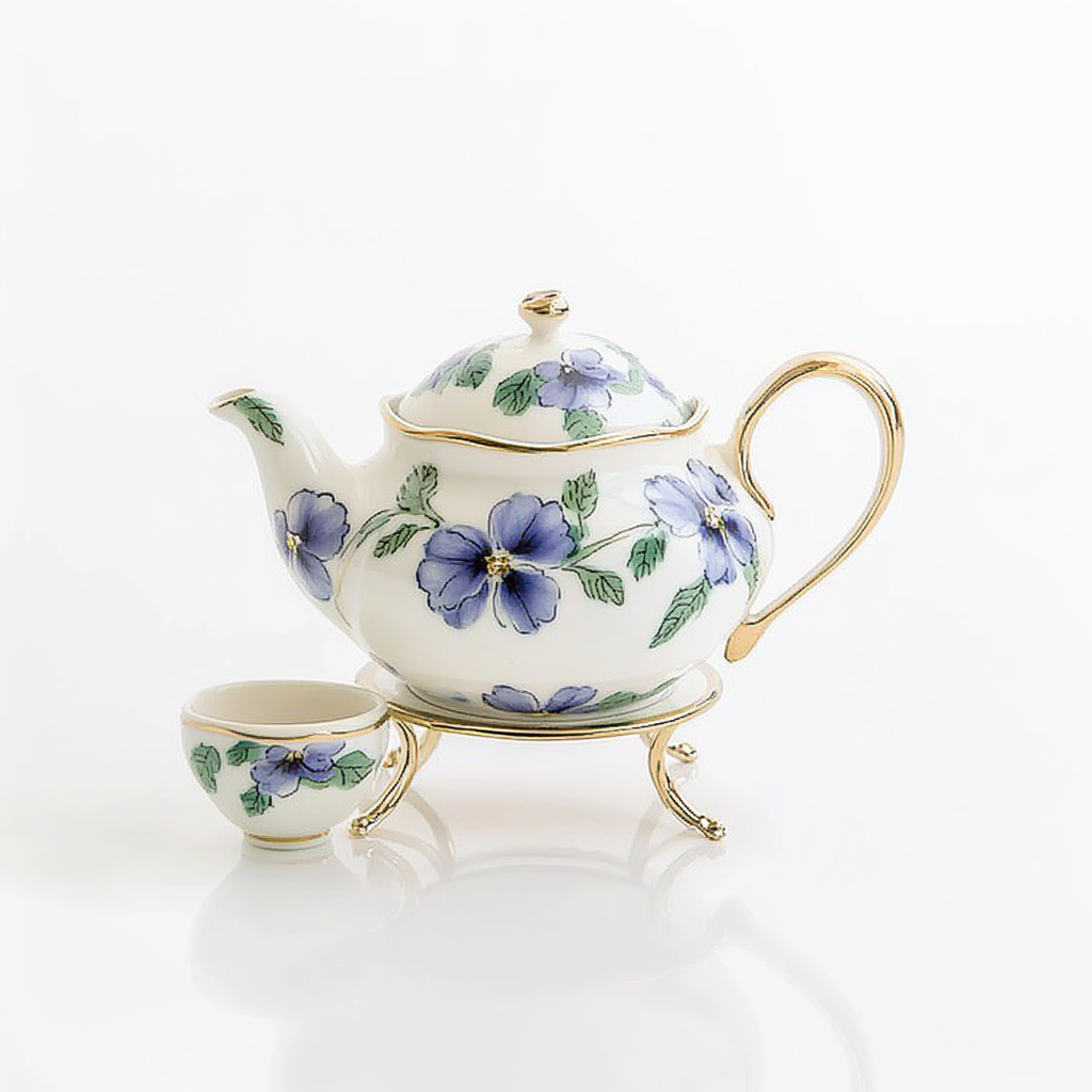 An e-commerce product image of a delicate tea cup displayed in a green setting surrounded by elegant white flowers.