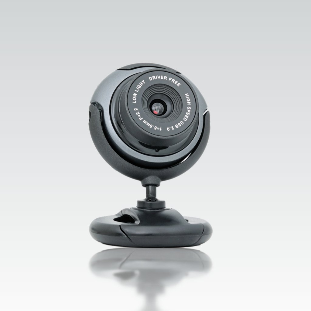 An e-commerce product image of a web camera displayed on a stone podium