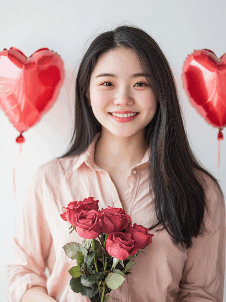 A dating profile picture headshot of a young Asian woman by the sea