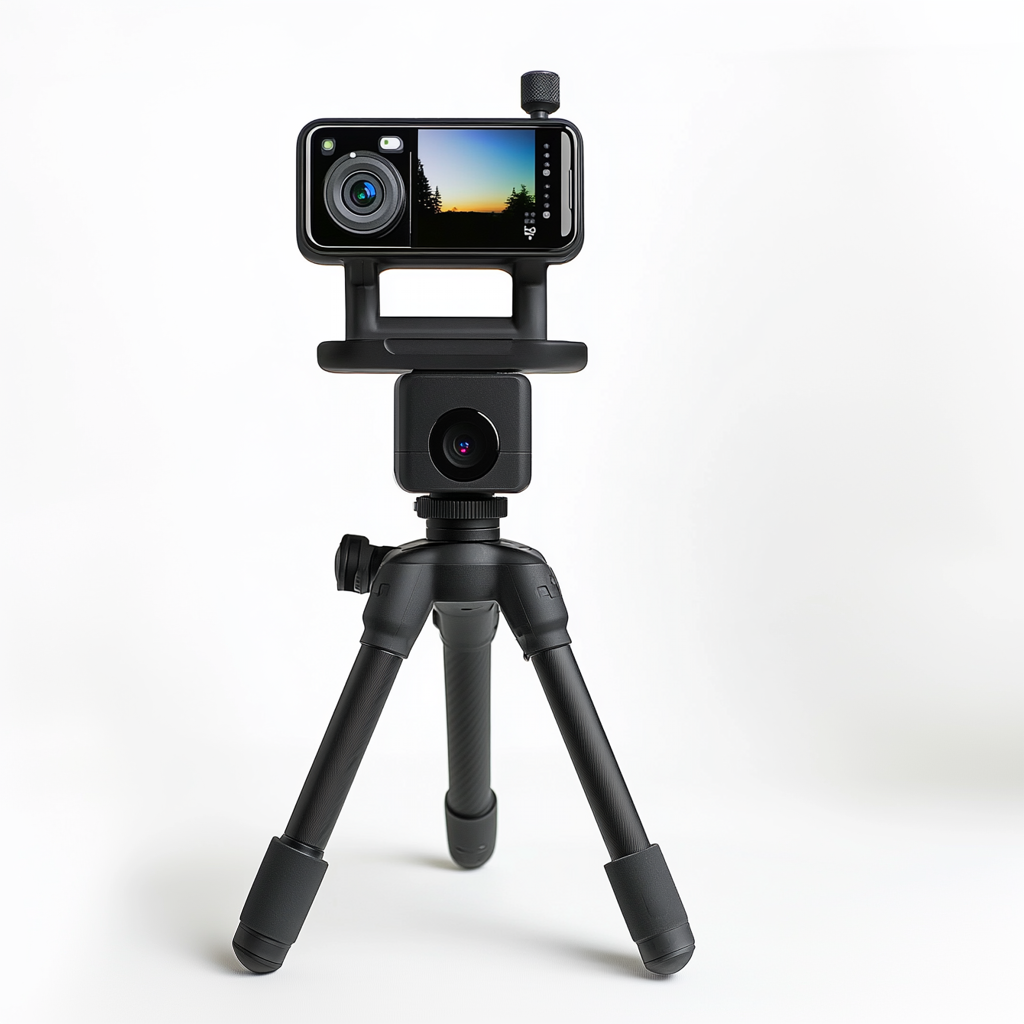 An e-commerce product image of a camera with a tripod displayed in a sand dune desert against a blue sky.