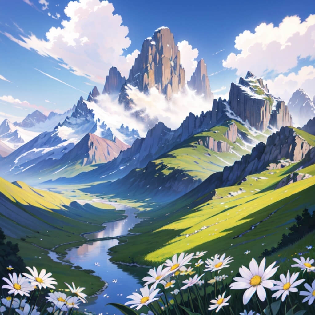 Anime style landscape with white daisies and purple flowers, green mountains in the background, blue sky, white clouds, snow-capped mountain peaks in the distance, high definition