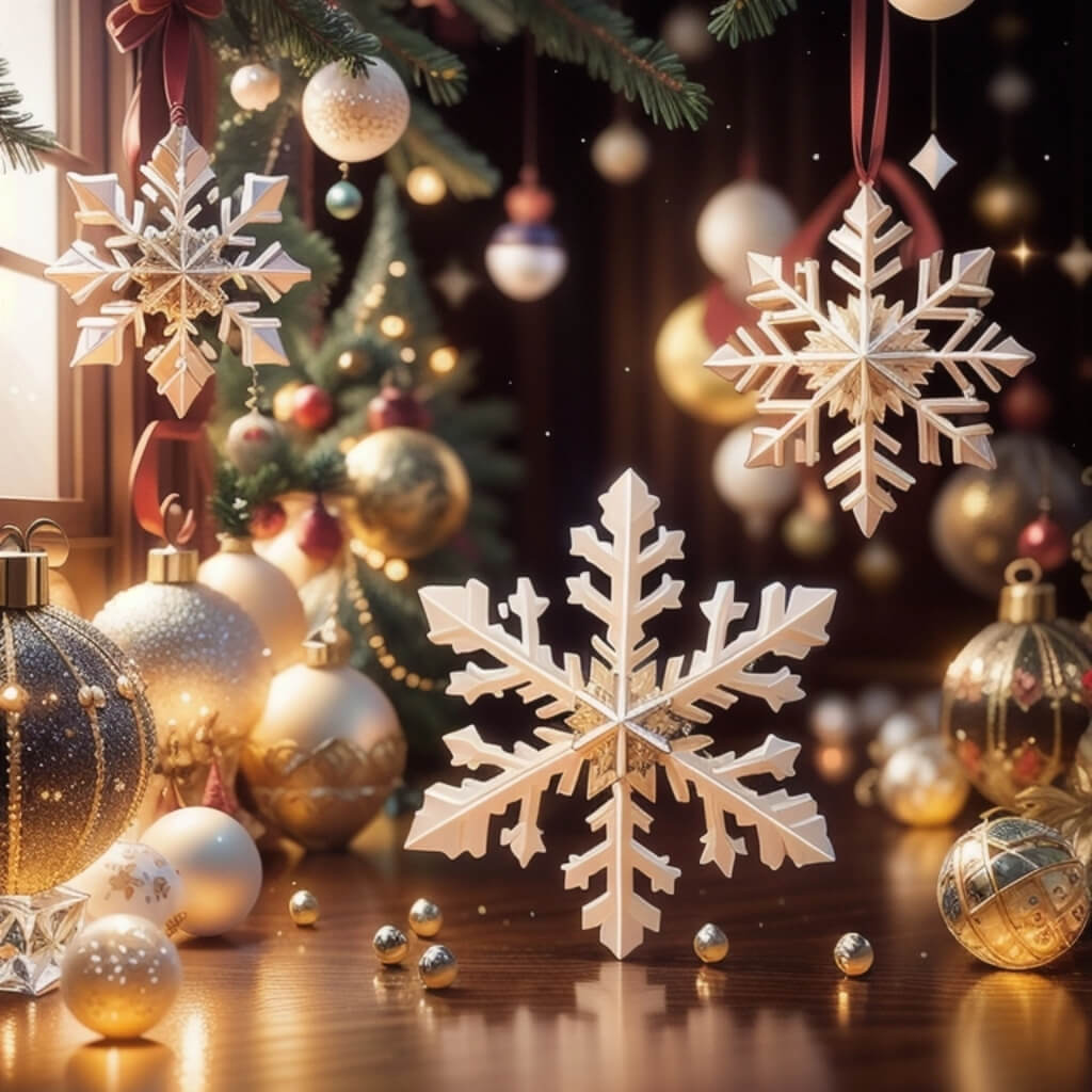 A beautiful photo of snowflakes and Christmas decorations, surrounded by warm lights. The background is dark with light shining through the window onto it. There were various colored glass balls hanging on trees or hanged from above. A large white crystal snowflake was placed in front of them. It had intricate details and shimmered like diamonds