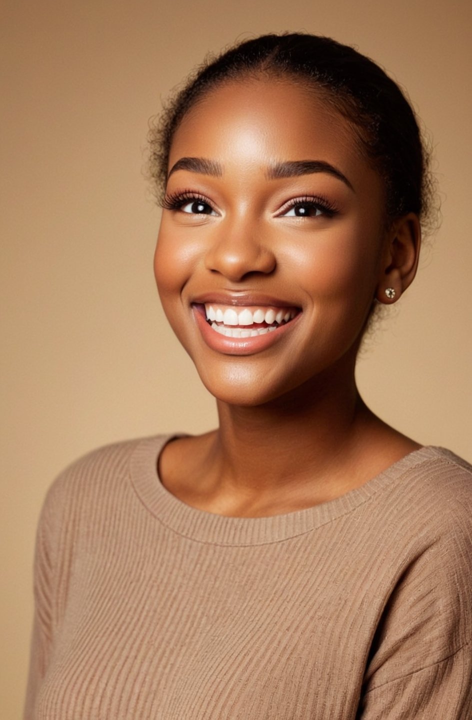 A dating profile picture of a smiling young African woman wearing a casual knitwear on a bronze background