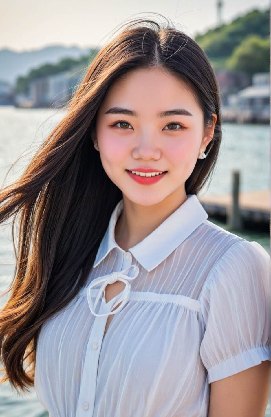 A dating profile picture headshot of a young Asian woman by the sea