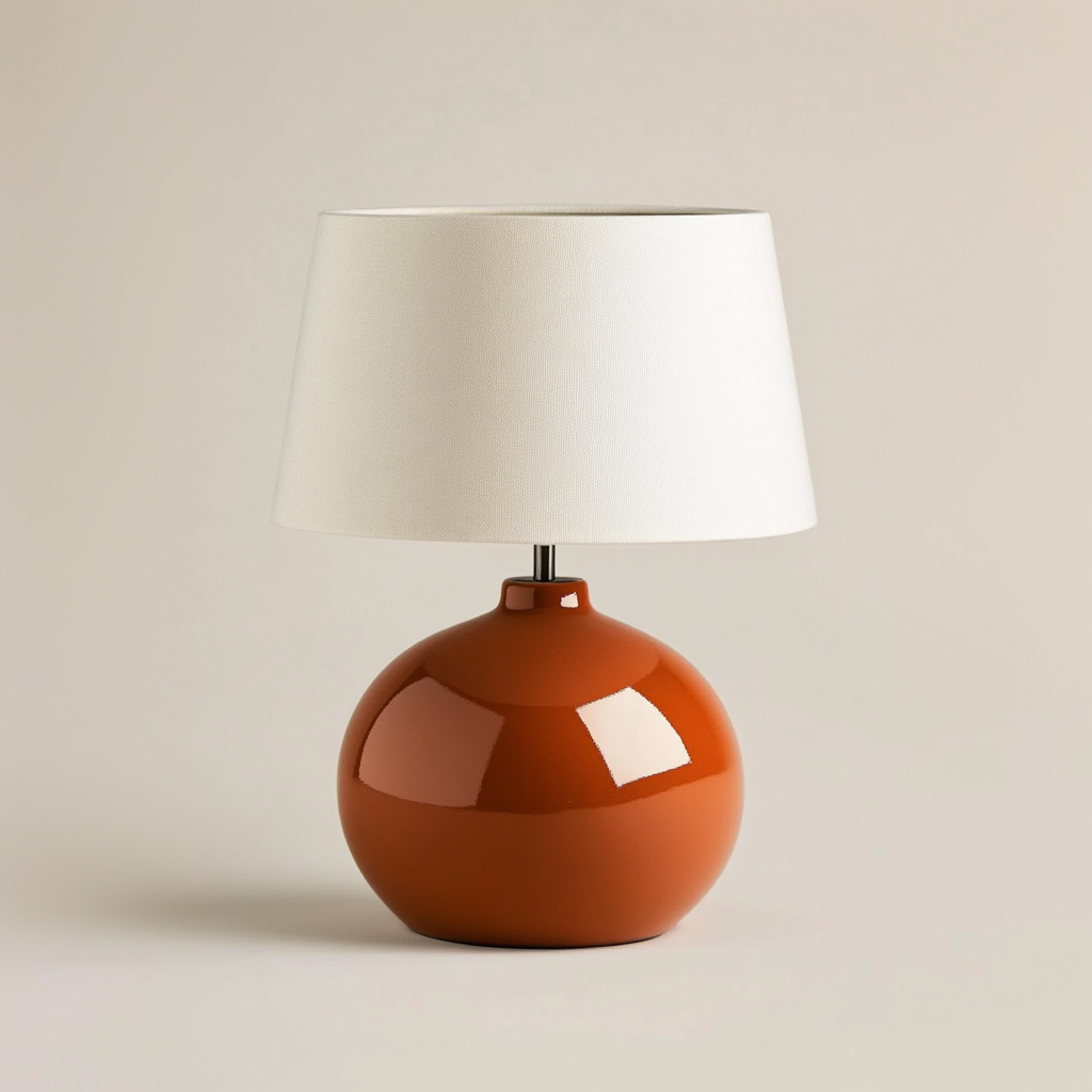 An e-commerce product image of a Bauhaus styled table lamp displayed on a wooden podium.