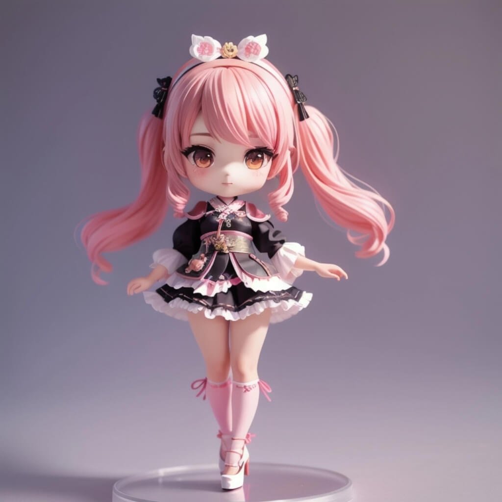 A cute anime girl with pink hair, wearing black stockings and an embroidered dress, is depicted in the style of Chibi Nendroid. The figure stands on a stand against a gray background, with detailed facial features and long, flowing ribbons. She has delicate makeup and wears high heels. Her outfit includes lace details and ruffles around her neck and shoulders. This character embodies Japanese pop culture elements and exudes cuteness, with a focus on the face