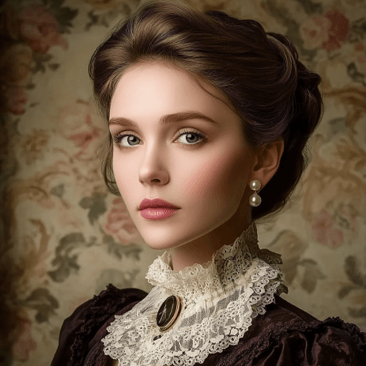 A retro style photo to sketch portrait painting of a brunette woman in Victorian attire. 