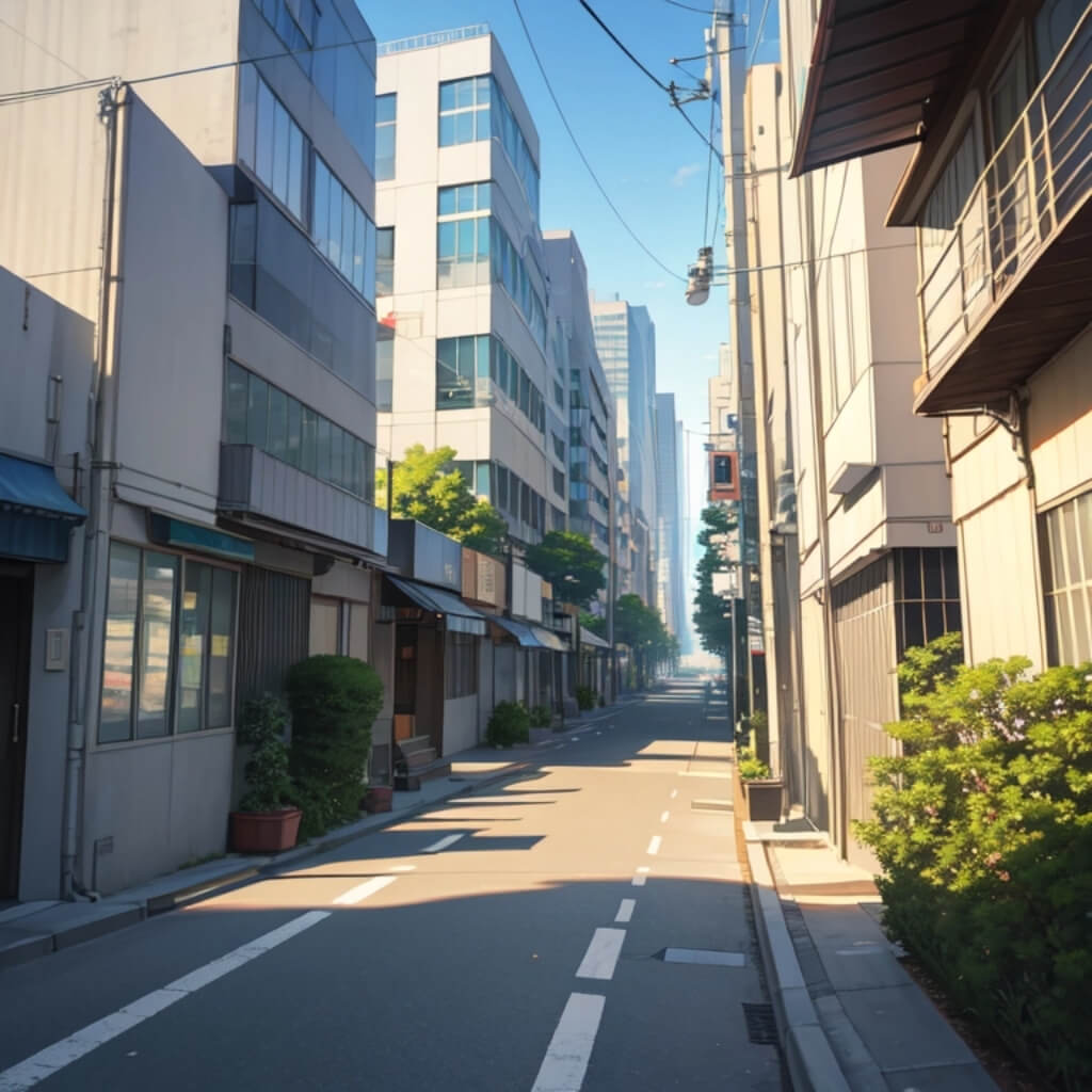 A street in Tokyo, in the style of Makoto Shinkai. It's a sunny day, with an empty road featuring white lines on the asphalt and buildings surrounding it. The buildings have various colors of paint. There are no cars or people visible. The sky is blue with clouds, and the buildings are tall. Some trees and plants can be seen in the distance, viewed from the sidewalk level