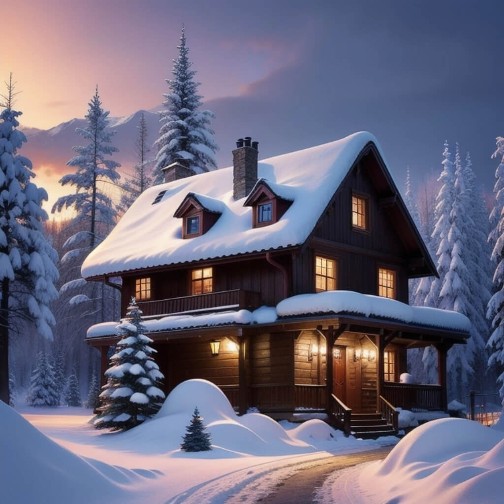 A cozy winter scene featuring an old, wooden house nestled in the snowy woods of the Alps mountains. The exterior is adorned with elegant lights and decorations, while inside it's filled with warm hues from the burning firelight. A small path leads to its front door, surrounded by evergreen trees that frame the picturesque landscape