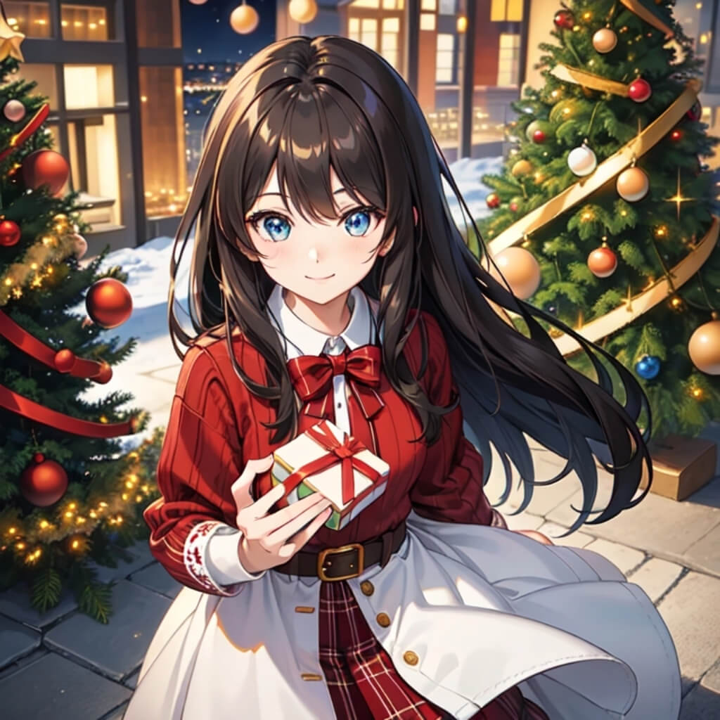 Cute anime girl holding a Christmas present, wearing a white and red plaid sweater with a brown leather belt, with dark gray long hair, blue eyes, and a happy smile, set against a background of a Christmas tree, star lights, and in the style of cute anime style