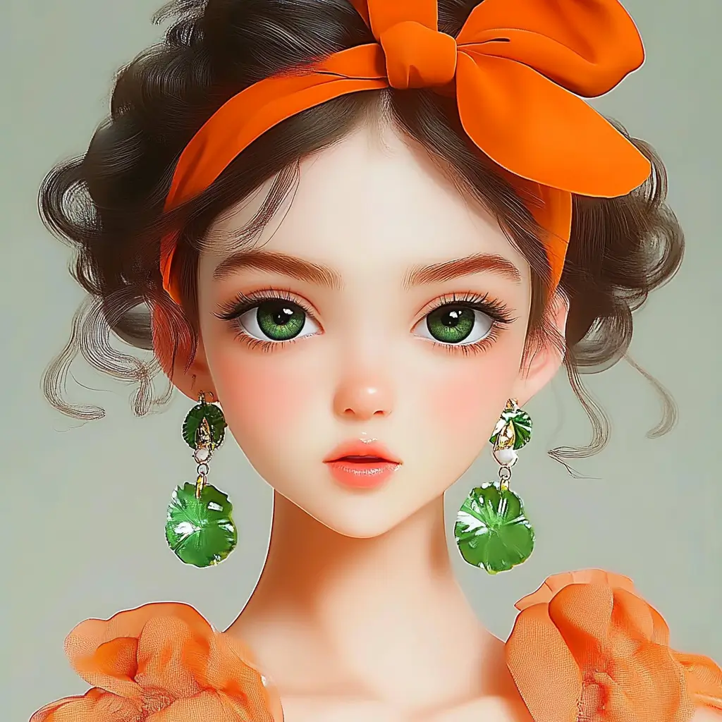 A photo to anime cartoon portrait painting of a girl wearing orange ribbons in her hair and huge emerald earrings.