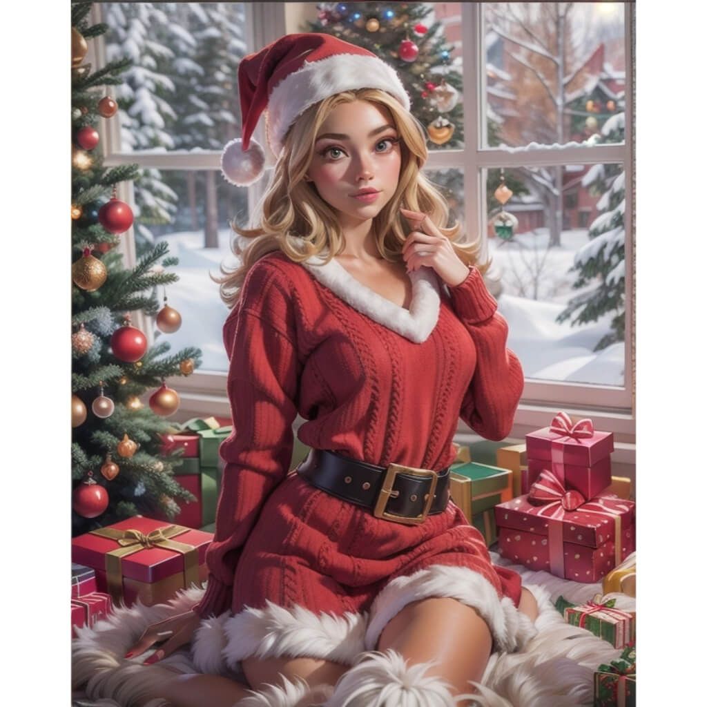 A beautiful woman in a Christmas outfit, wearing a Santa hat and a sweater dress with white fur trim, is sitting on the floor surrounded by presents near a window. Snow can be seen outside. She has an attractive, beautiful face with blonde hair. The full body shot shows her gorgeous legs and slim waist. The image is photorealistic