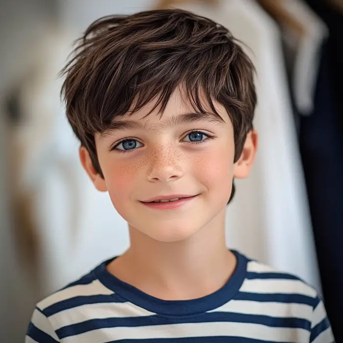 A photo to watercolor portrait painting of a young boy with dark brown hair and some light freckles around his nose.