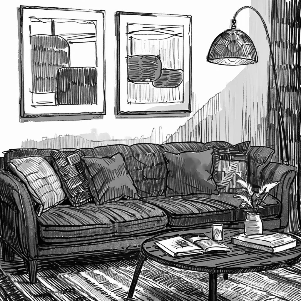 Living Room Interior Photo to Charcoal Sketch