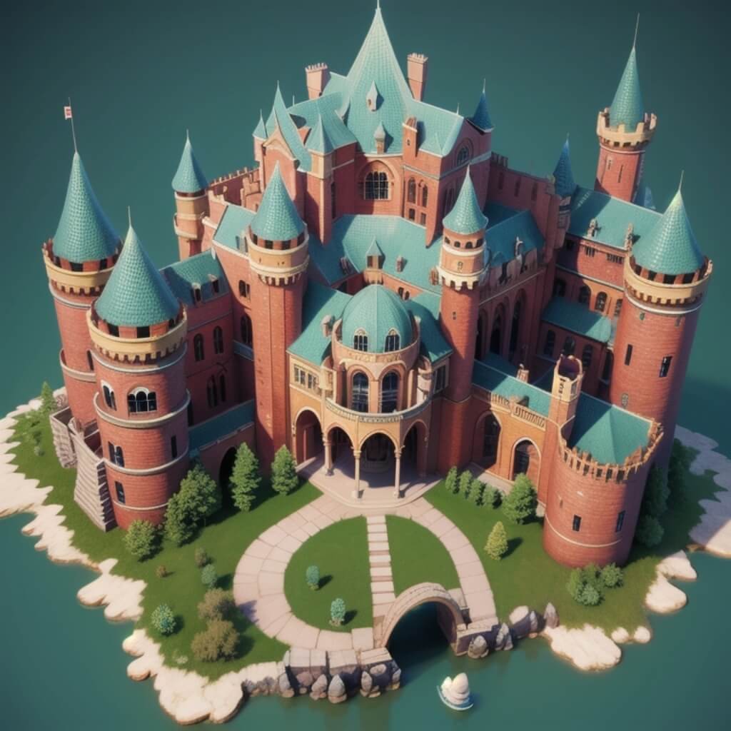 A large castle atop a mountain, in a cartoon style, 2D game art, in the style of Disney animation, in the style of Pixar, a concept design sheet, game environment design, medieval architecture, landscape design, detailed, high resolution, Octane render, hyper realistic, full-body shot, natural lighting, global illumination